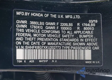 2019 Honda Civic Type R Touring z USA, uszkodzony, nr VIN SHHFK8G7XKU202773